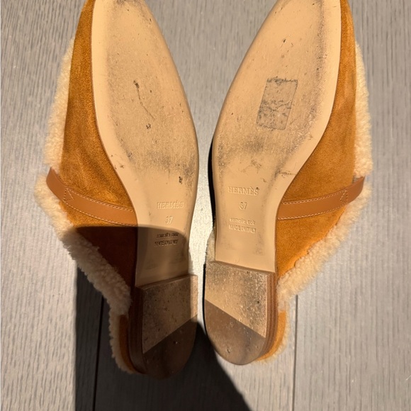 Hermes Tan Suede Shearling-Trim Loafer Mules with Silver Hardware - Picture 6 of 6